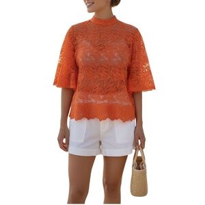 #A109   N by Nancy  Modern Glam  Orange Sheer  Embroidered Blouse  NWT S